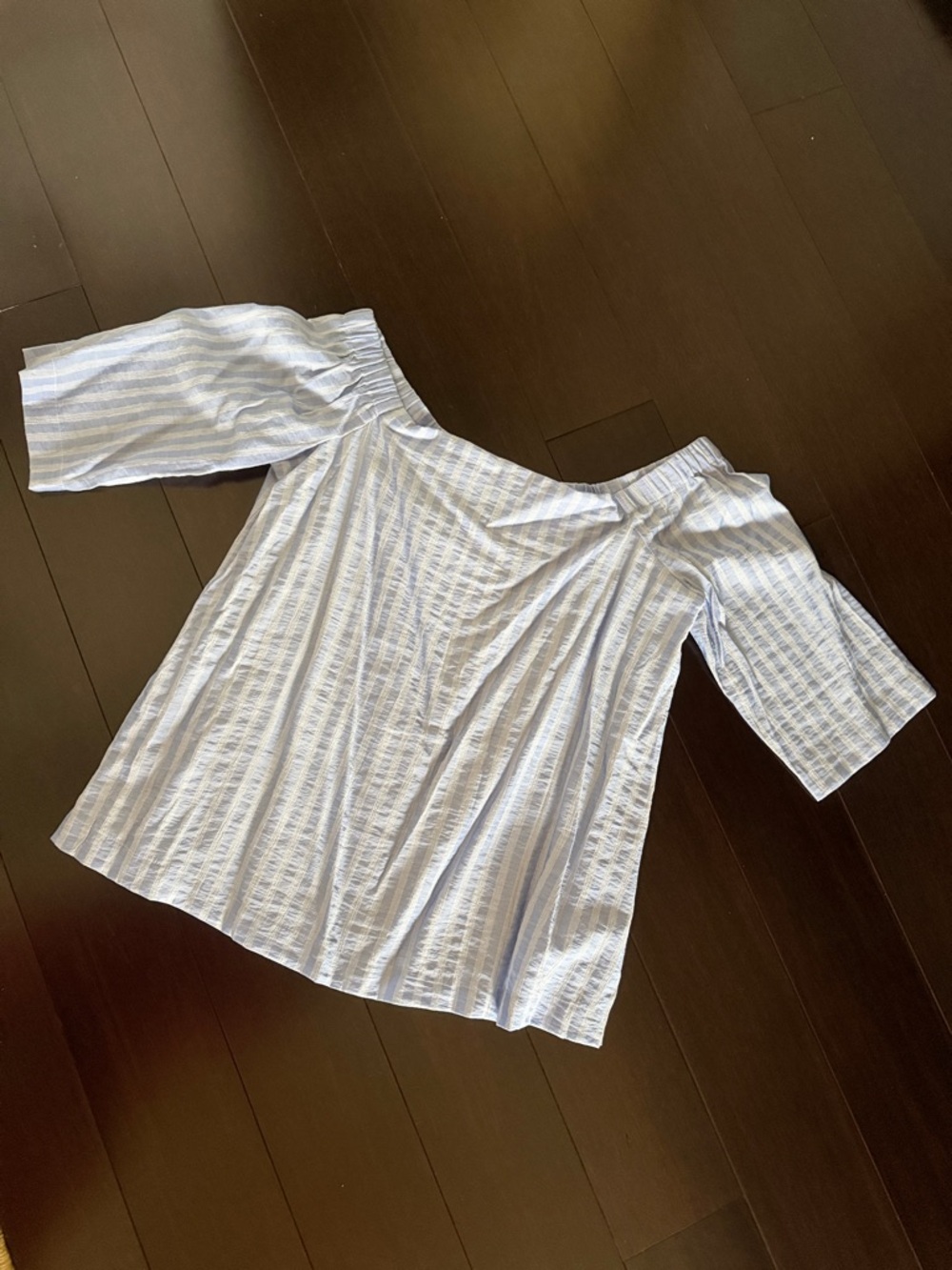 Ann Taylor Blue and White Striped Off-Shoulder Tunic